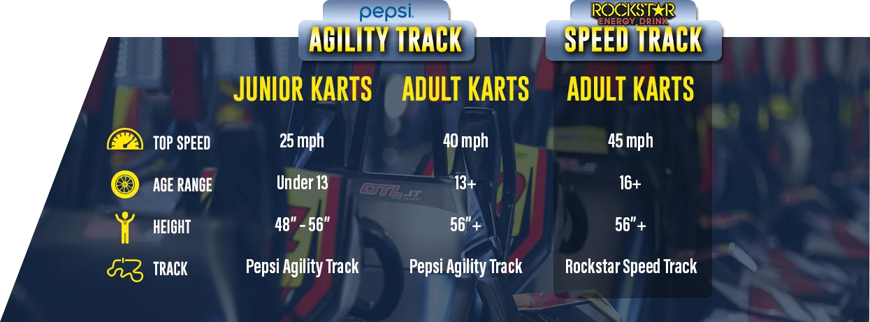 a graphic showing the top speed, age range and height requirements for kart racing