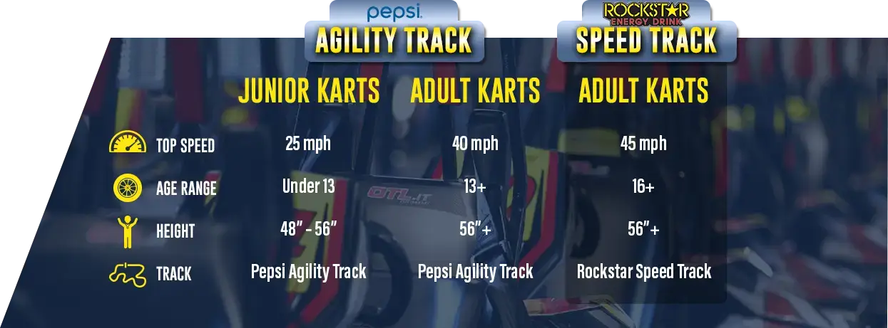 a graphic showing the top speed, age range and height requirements for kart racing